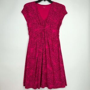 Garnet Hill Womens Size 8 Knit Dress Pink Purple Floral Print V-Neck Cap Sleeves